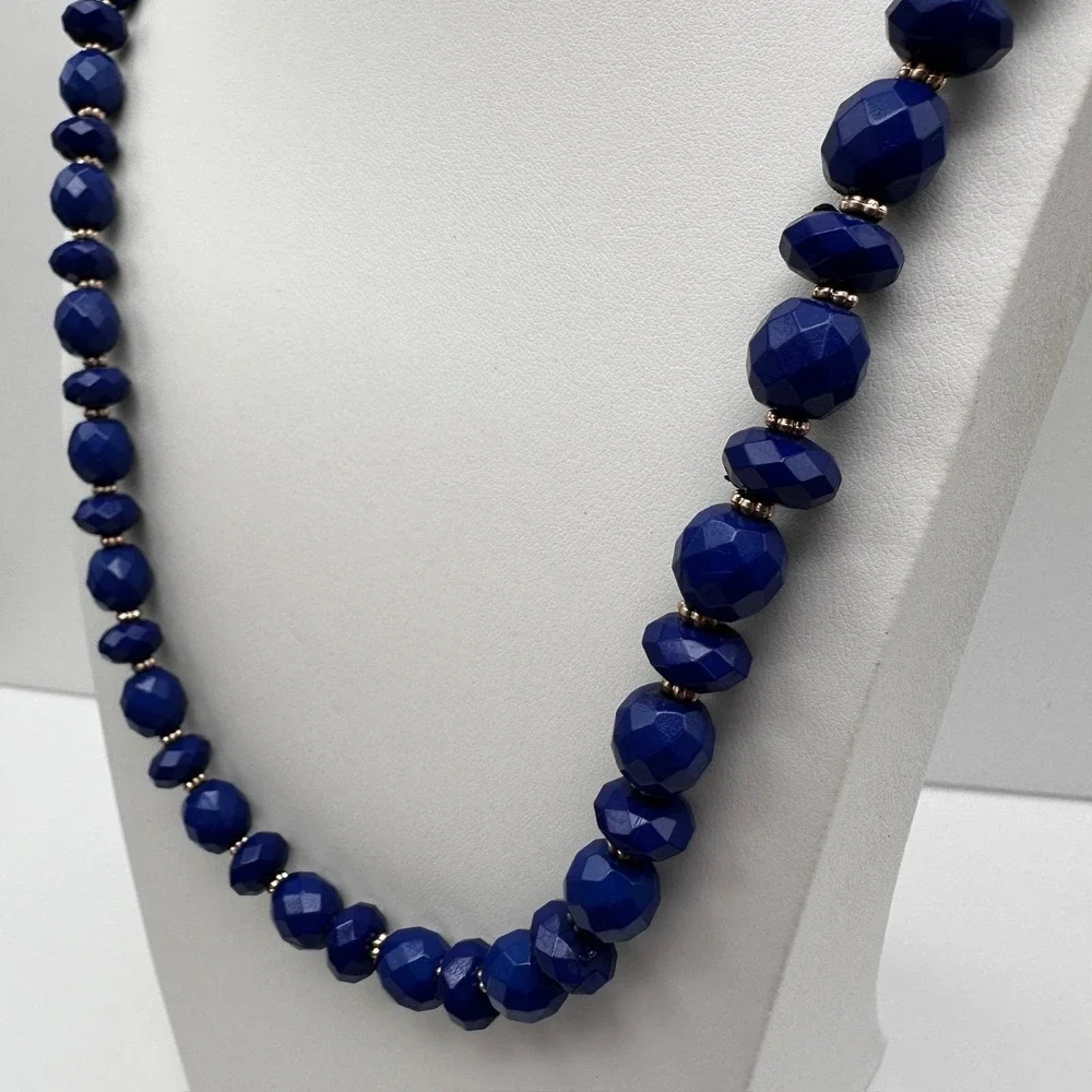 Vintage 90s Gold Tone Blue Faceted Beaded Statement Necklace Women's Jewelry Y2K